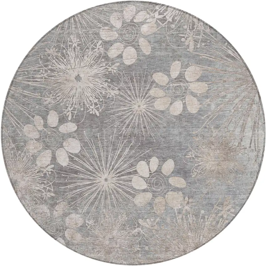 8' Gray And Silver Round Floral Washable Indoor Outdoor Area Rug Photo 2