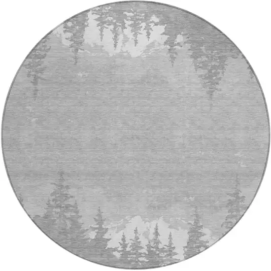 8' Gray And Silver Round Floral Washable Indoor Outdoor Area Rug Photo 2