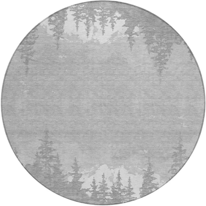 8' Gray And Silver Round Floral Washable Indoor Outdoor Area Rug Photo 2