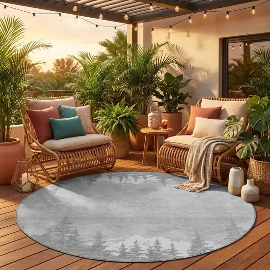 8' Gray And Silver Round Floral Washable Indoor Outdoor Area Rug Photo 1