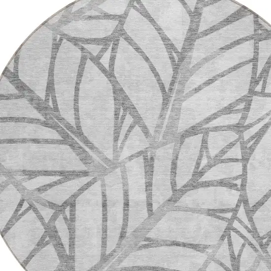 8' Gray And Silver Round Floral Washable Indoor Outdoor Area Rug Photo 5