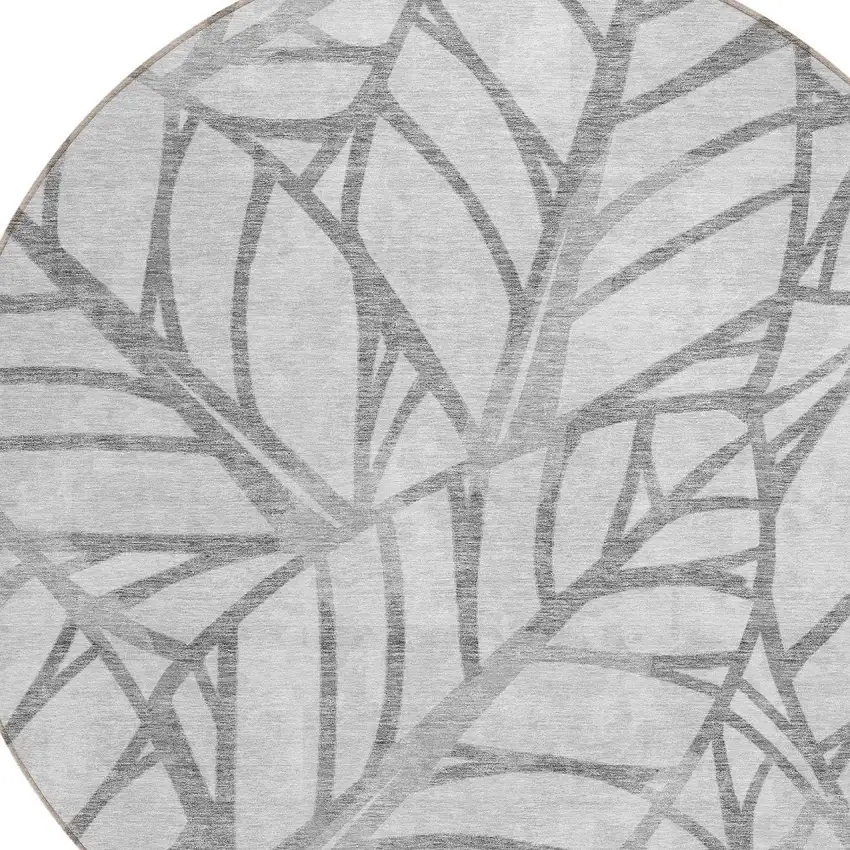 8' Gray And Silver Round Floral Washable Indoor Outdoor Area Rug Photo 5