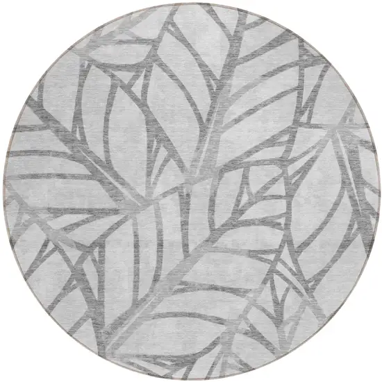 8' Gray And Silver Round Floral Washable Indoor Outdoor Area Rug Photo 2