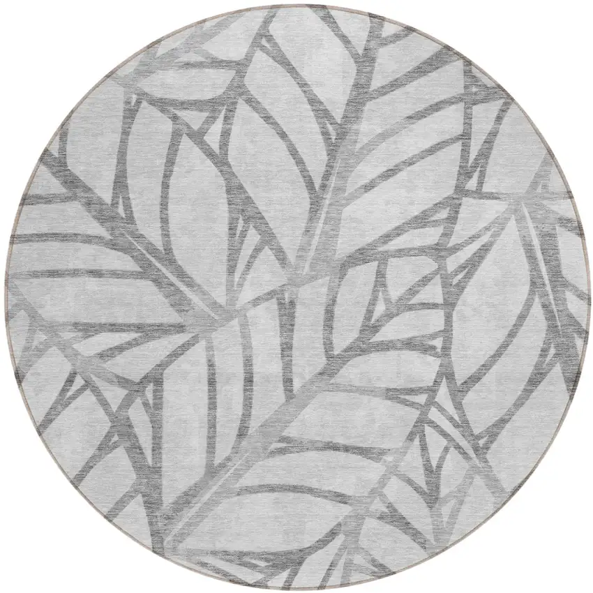 8' Gray And Silver Round Floral Washable Indoor Outdoor Area Rug Photo 2