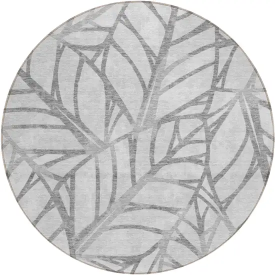 8' Gray And Silver Round Floral Washable Indoor Outdoor Area Rug Photo 2