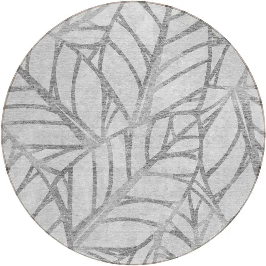 8' Gray And Silver Round Floral Washable Indoor Outdoor Area Rug Photo 2