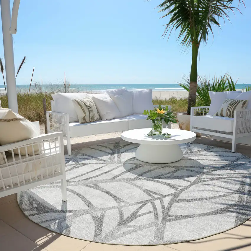 8' Gray And Silver Round Floral Washable Indoor Outdoor Area Rug Photo 7