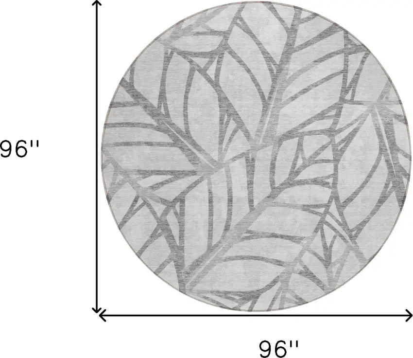 8' Gray And Silver Round Floral Washable Indoor Outdoor Area Rug Photo 3