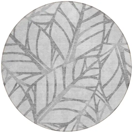 8' Gray And Silver Round Floral Washable Indoor Outdoor Area Rug Photo 6