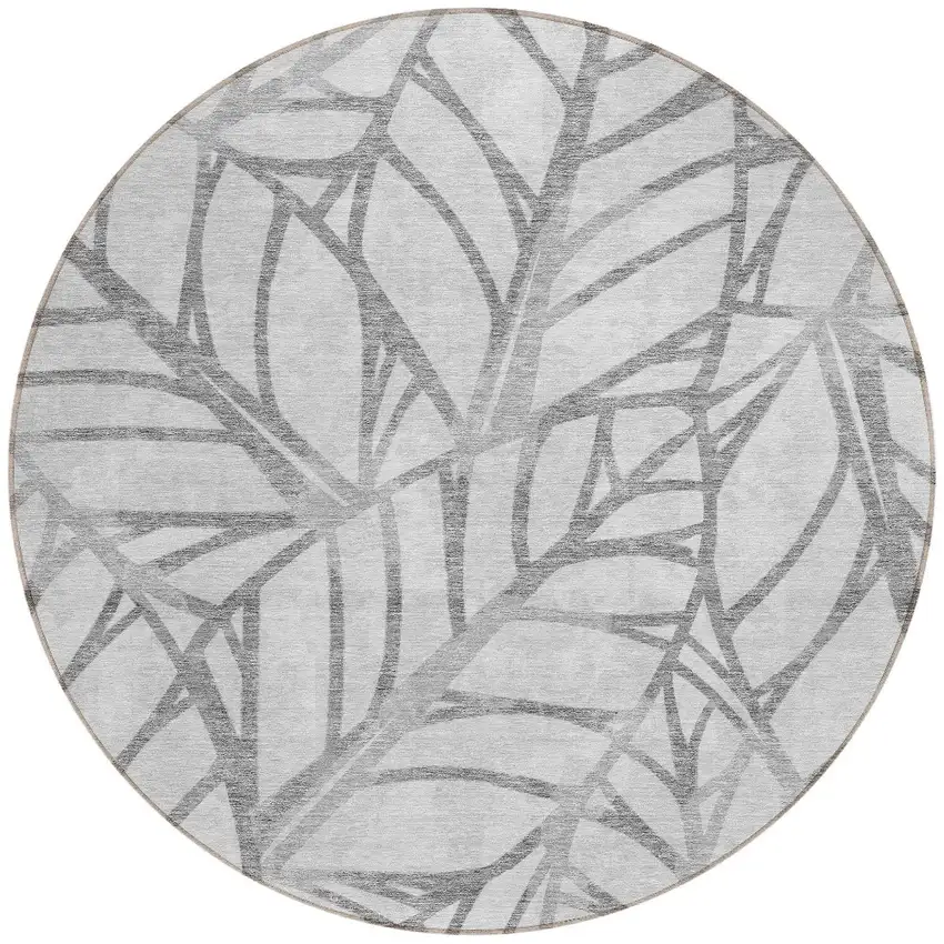 8' Gray And Silver Round Floral Washable Indoor Outdoor Area Rug Photo 6