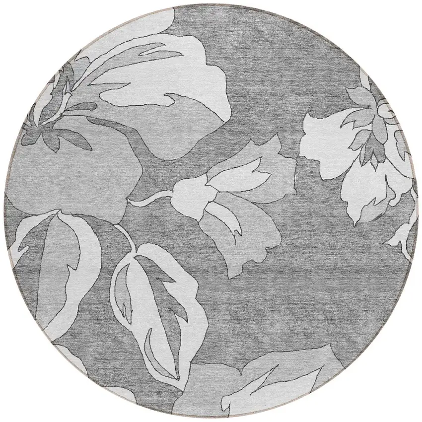 8' Gray And Silver Round Floral Washable Indoor Outdoor Area Rug Photo 5