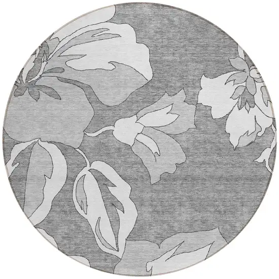 8' Gray And Silver Round Floral Washable Indoor Outdoor Area Rug Photo 5