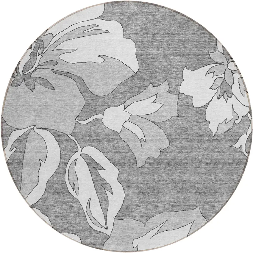8' Gray And Silver Round Floral Washable Indoor Outdoor Area Rug Photo 2