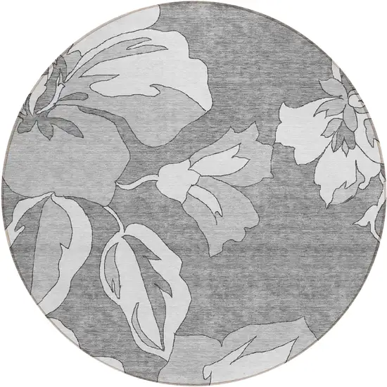 8' Gray And Silver Round Floral Washable Indoor Outdoor Area Rug Photo 2