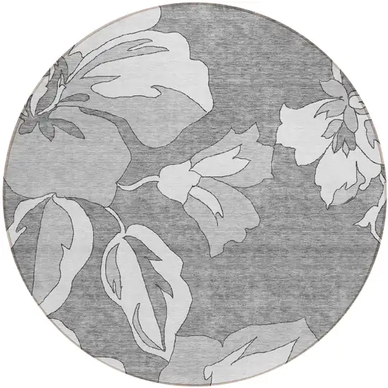 8' Gray And Silver Round Floral Washable Indoor Outdoor Area Rug Photo 2