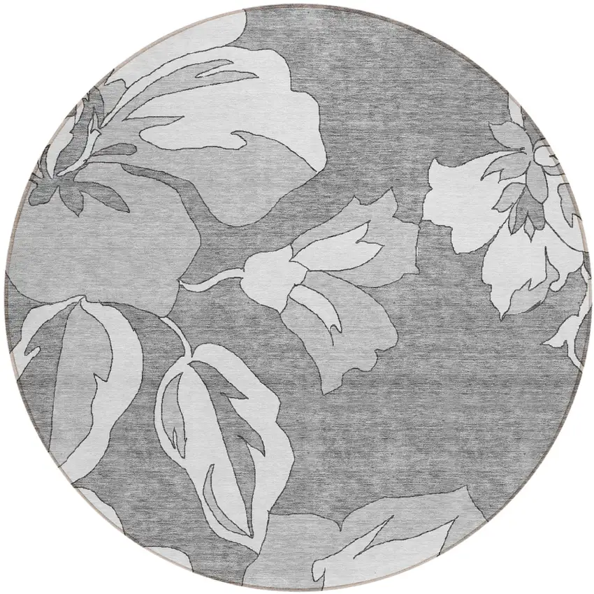 8' Gray And Silver Round Floral Washable Indoor Outdoor Area Rug Photo 2