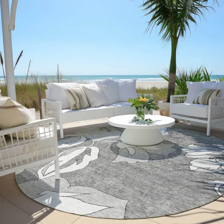 8' Gray And Silver Round Floral Washable Indoor Outdoor Area Rug Photo 7