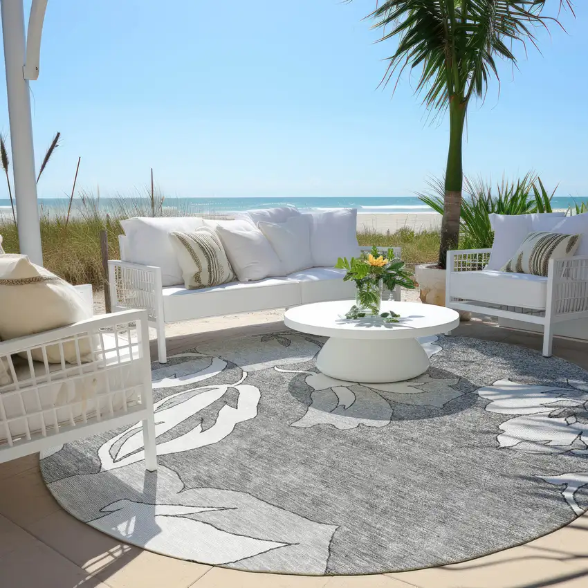 8' Gray And Silver Round Floral Washable Indoor Outdoor Area Rug Photo 7