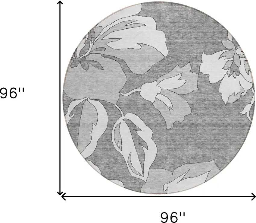 8' Gray And Silver Round Floral Washable Indoor Outdoor Area Rug Photo 3