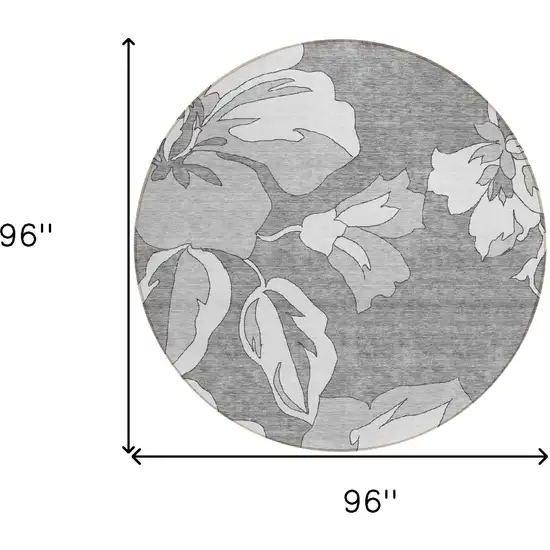 8' Gray And Silver Round Floral Washable Indoor Outdoor Area Rug Photo 3
