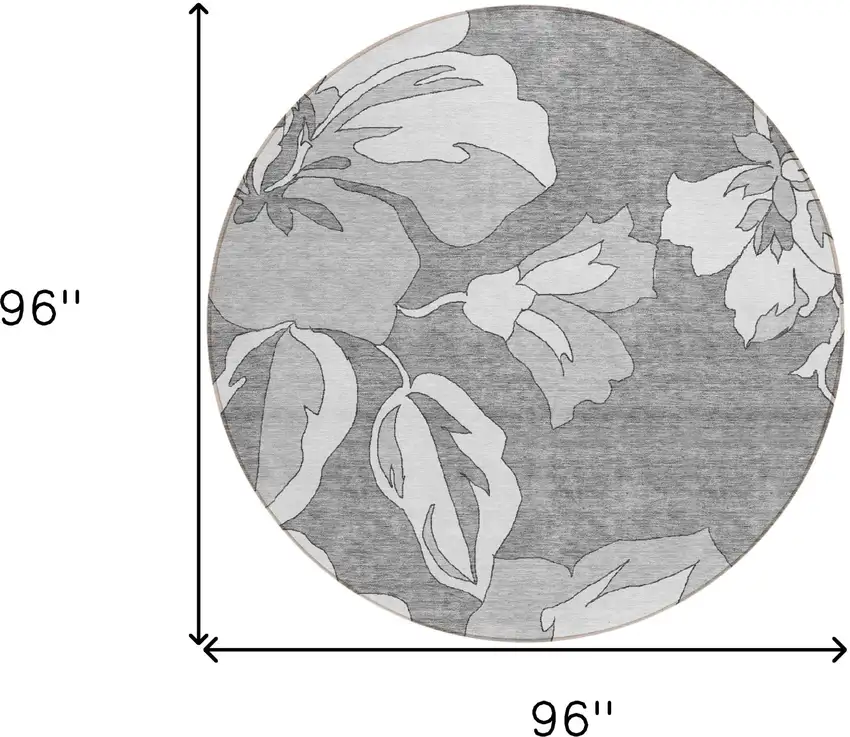 8' Gray And Silver Round Floral Washable Indoor Outdoor Area Rug Photo 3