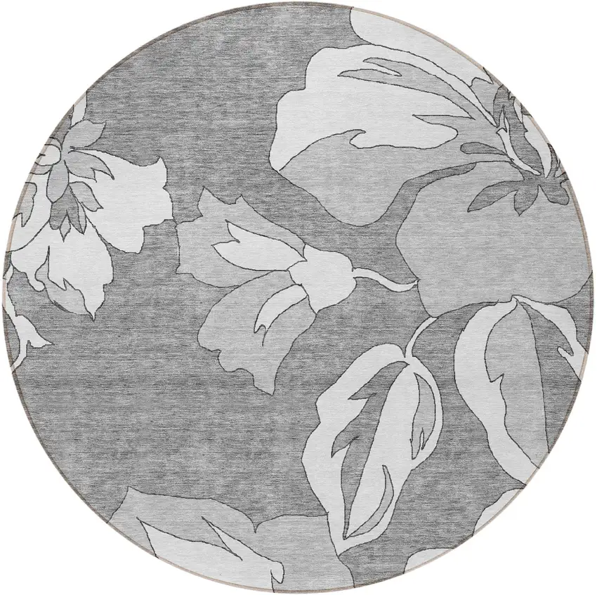 8' Gray And Silver Round Floral Washable Indoor Outdoor Area Rug Photo 6