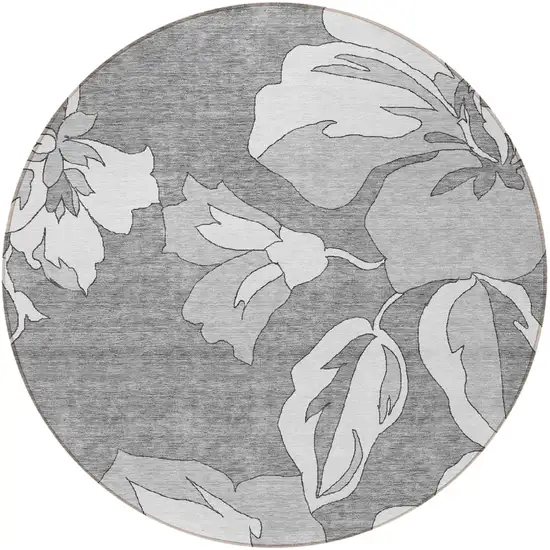 8' Gray And Silver Round Floral Washable Indoor Outdoor Area Rug Photo 6