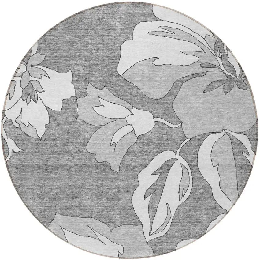 8' Gray And Silver Round Floral Washable Indoor Outdoor Area Rug Photo 6