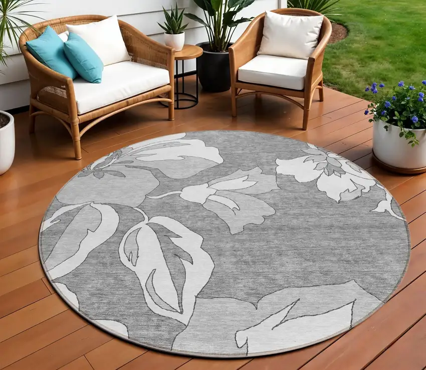 8' Gray And Silver Round Floral Washable Indoor Outdoor Area Rug Photo 1