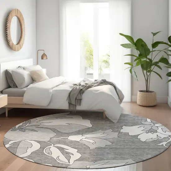 8' Gray And Silver Round Floral Washable Indoor Outdoor Area Rug Photo 8