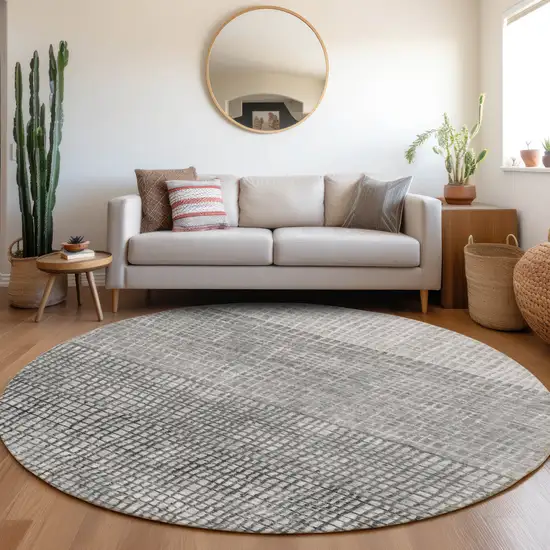 8' Gray And Silver Round Geometric Washable Indoor Outdoor Area Rug Photo 6