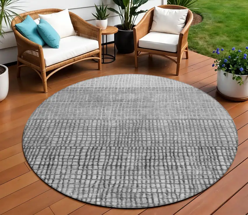 8' Gray And Silver Round Geometric Washable Indoor Outdoor Area Rug Photo 2