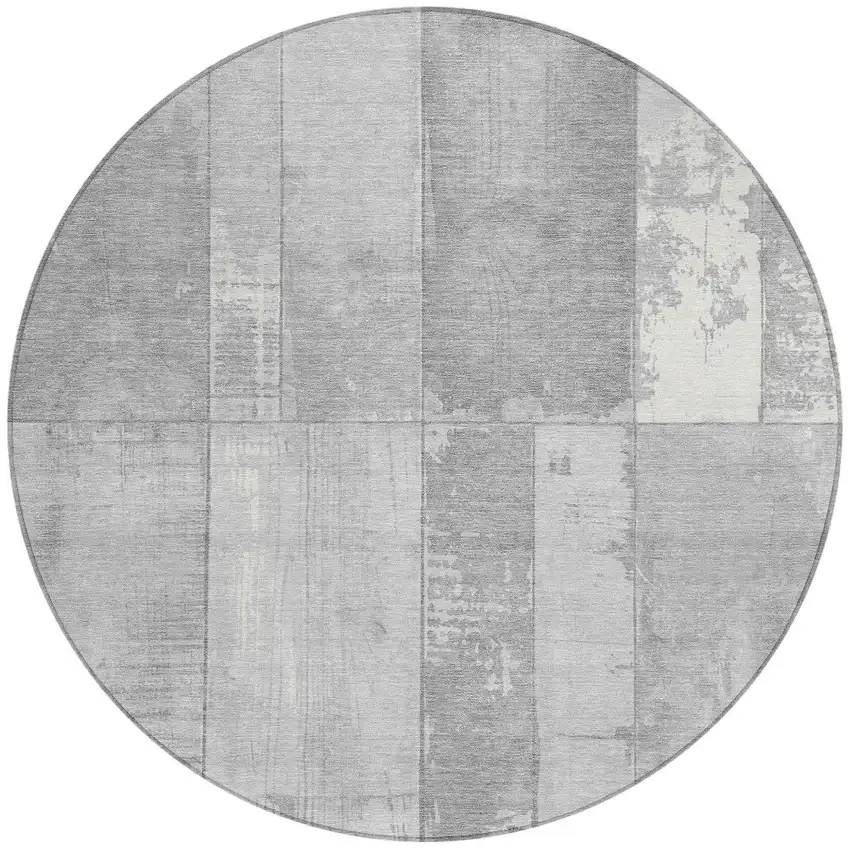 8' Gray And Silver Round Geometric Washable Indoor Outdoor Area Rug Photo 3
