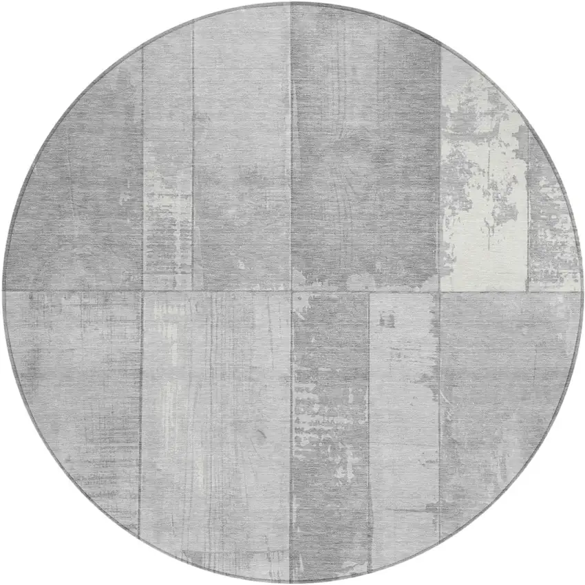 8' Gray And Silver Round Geometric Washable Indoor Outdoor Area Rug Photo 1