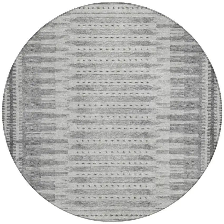 8' Gray And Silver Round Geometric Washable Indoor Outdoor Area Rug Photo 3