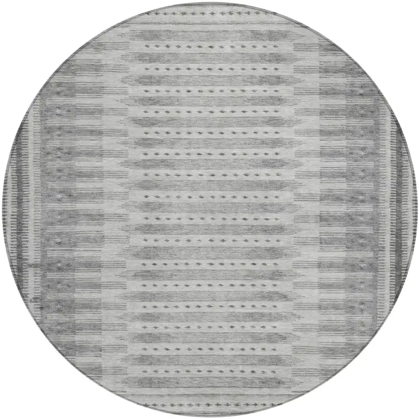 8' Gray And Silver Round Geometric Washable Indoor Outdoor Area Rug Photo 1