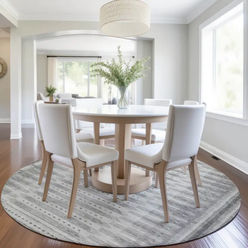 8' Gray And Silver Round Geometric Washable Indoor Outdoor Area Rug Photo 6