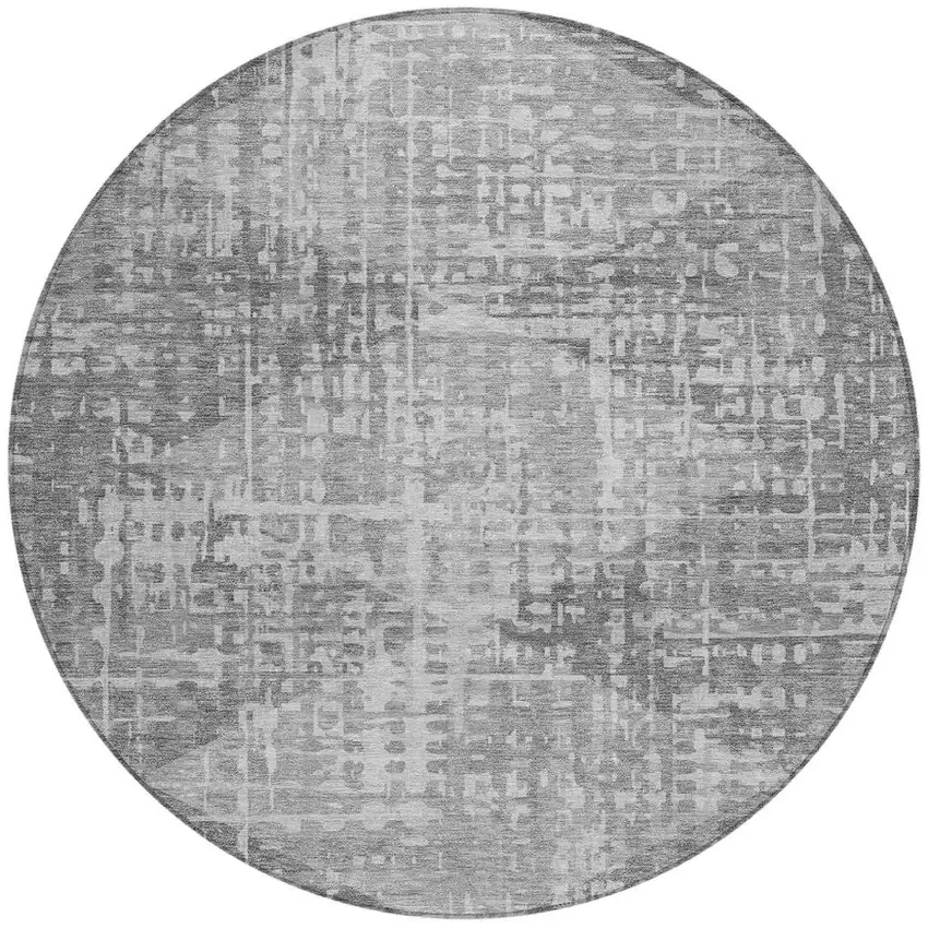 8' Gray And Silver Round Geometric Washable Indoor Outdoor Area Rug Photo 3
