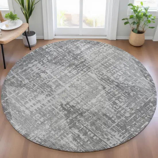 8' Gray And Silver Round Geometric Washable Indoor Outdoor Area Rug Photo 5