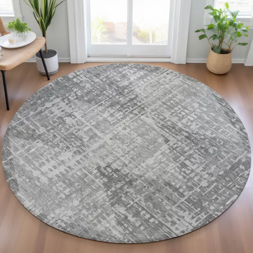 8' Gray And Silver Round Geometric Washable Indoor Outdoor Area Rug Photo 5