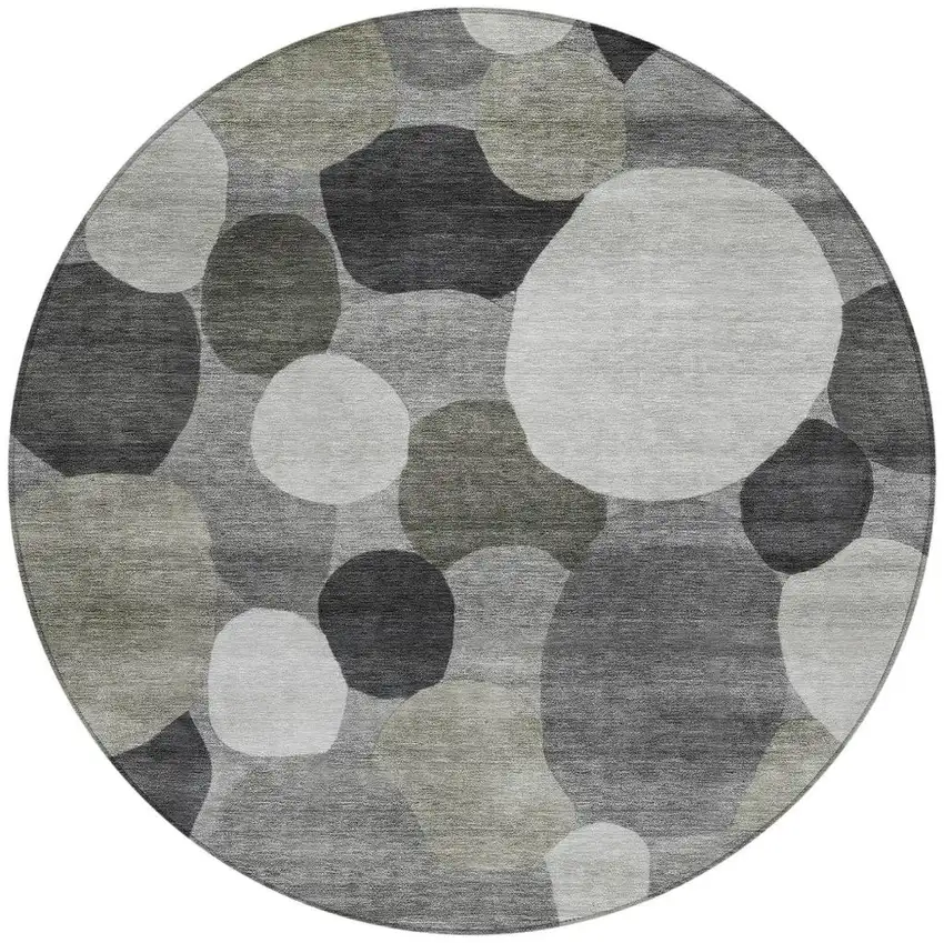 8' Gray And Silver Round Geometric Washable Indoor Outdoor Area Rug Photo 3