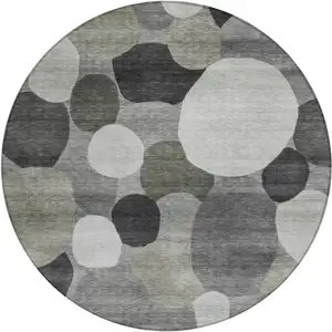Photo of 8' Gray And Silver Round Geometric Washable Indoor Outdoor Area Rug