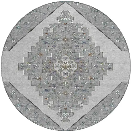 8' Gray And Silver Round Geometric Washable Indoor Outdoor Area Rug Photo 3