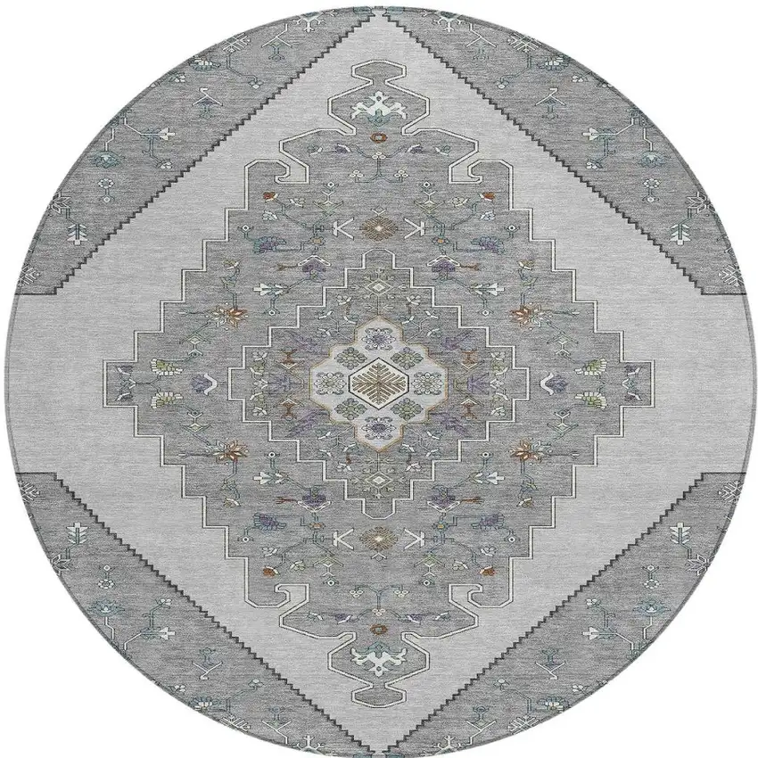 8' Gray And Silver Round Geometric Washable Indoor Outdoor Area Rug Photo 3