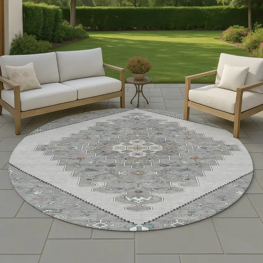8' Gray And Silver Round Geometric Washable Indoor Outdoor Area Rug Photo 4
