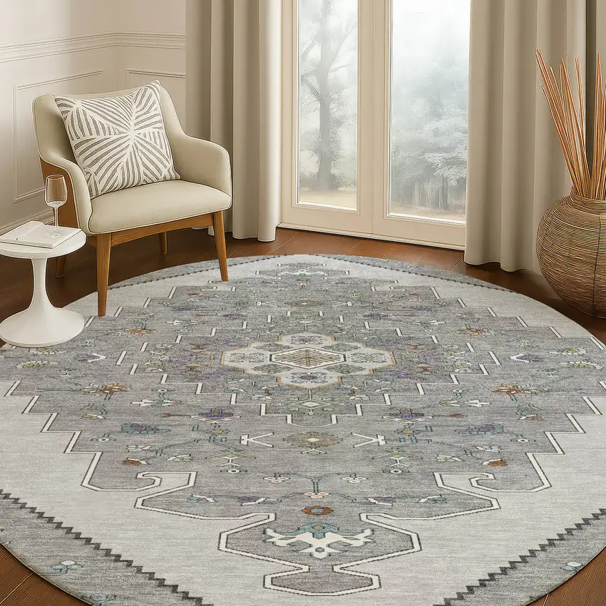 8' Gray And Silver Round Geometric Washable Indoor Outdoor Area Rug Photo 5