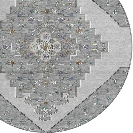 8' Gray And Silver Round Geometric Washable Indoor Outdoor Area Rug Photo 2