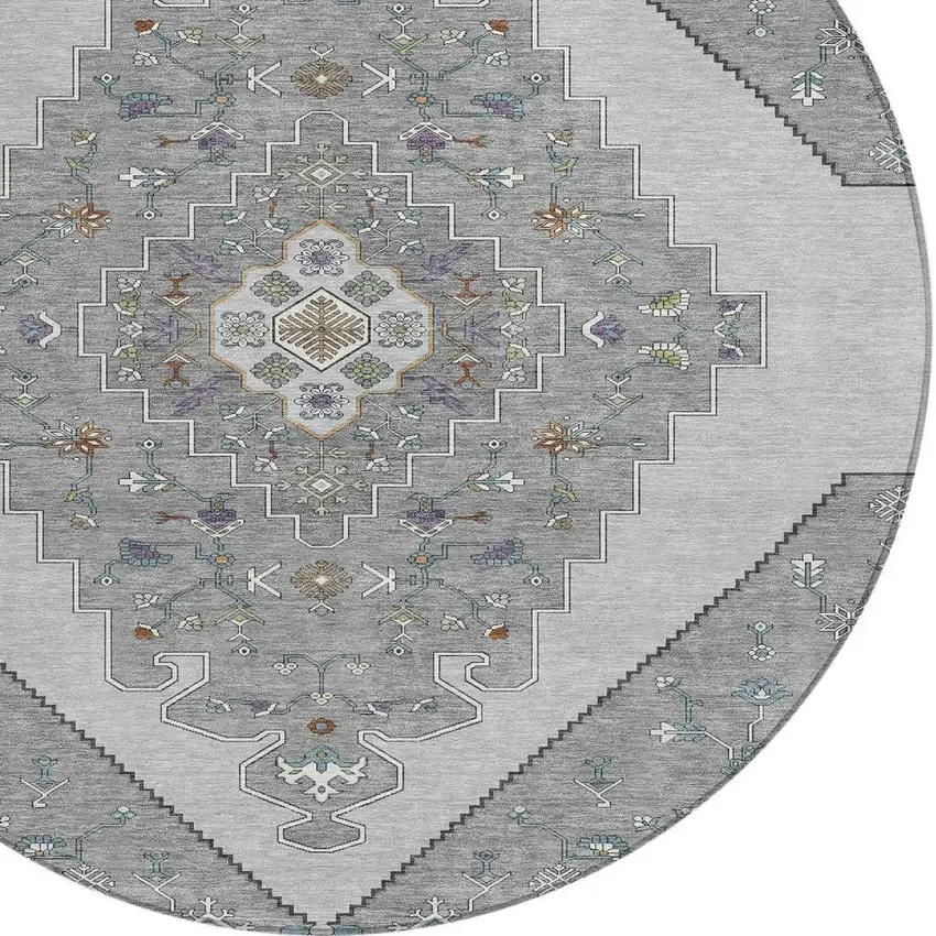 8' Gray And Silver Round Geometric Washable Indoor Outdoor Area Rug Photo 2