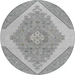 Photo of 8' Gray And Silver Round Geometric Washable Indoor Outdoor Area Rug