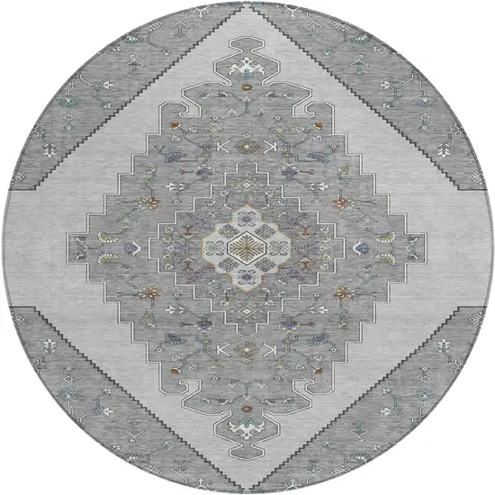 8' Gray And Silver Round Geometric Washable Indoor Outdoor Area Rug Photo 1